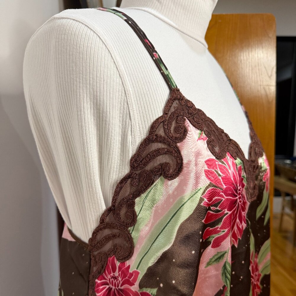 Slip Dress Satin Brown Pink Green Flowers Lace coquette NWOT streetwear 1X Plus - Picture 5 of 12
